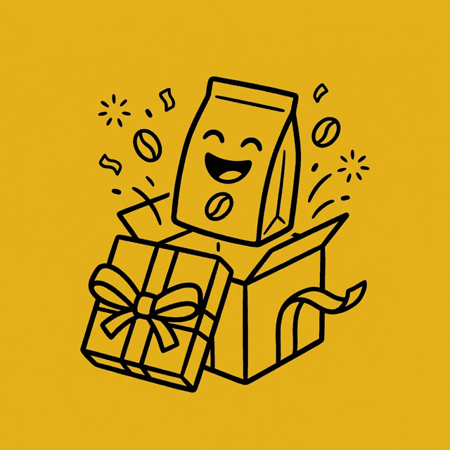 Illustration of a happy coffee bag popping out of a gift box